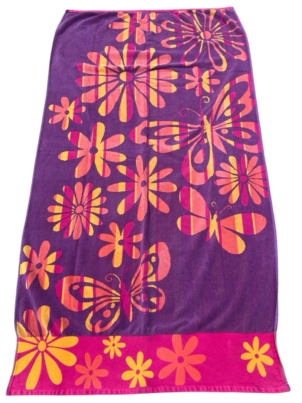 KIRKLAND Colorful Butterflies Flowers Groovy Large Beach Towel Pink Purple 37x66